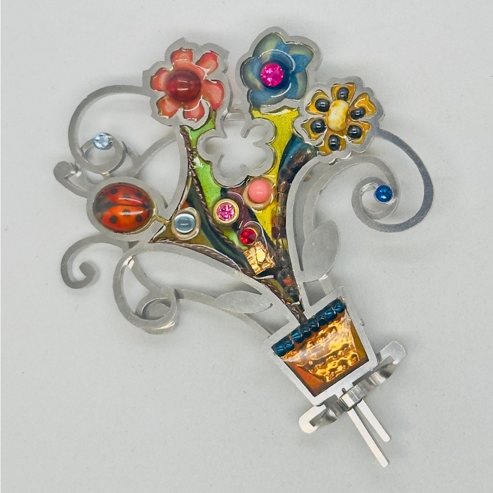 Seeka Flower Pot Bouquet Brooch Pin Silver Tone Floral Multicolor Garden
